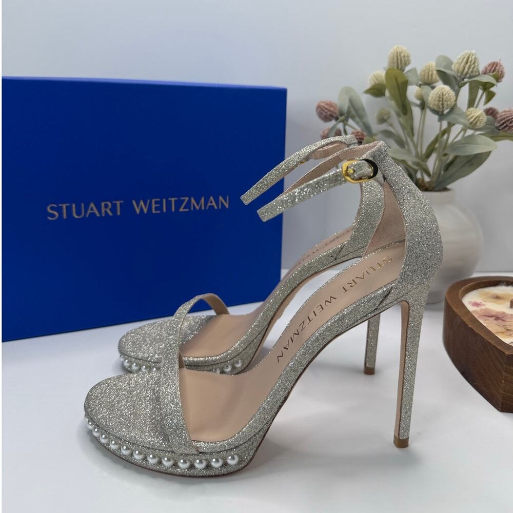 Stuart Weitzman Nudistdisco Pearl Sandal Fine Glitter Silver Women 9.5B